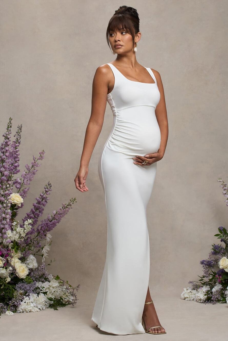 NWT Club L London Womens 6 Avril White Square Neck Maternity Maxi Dress Split